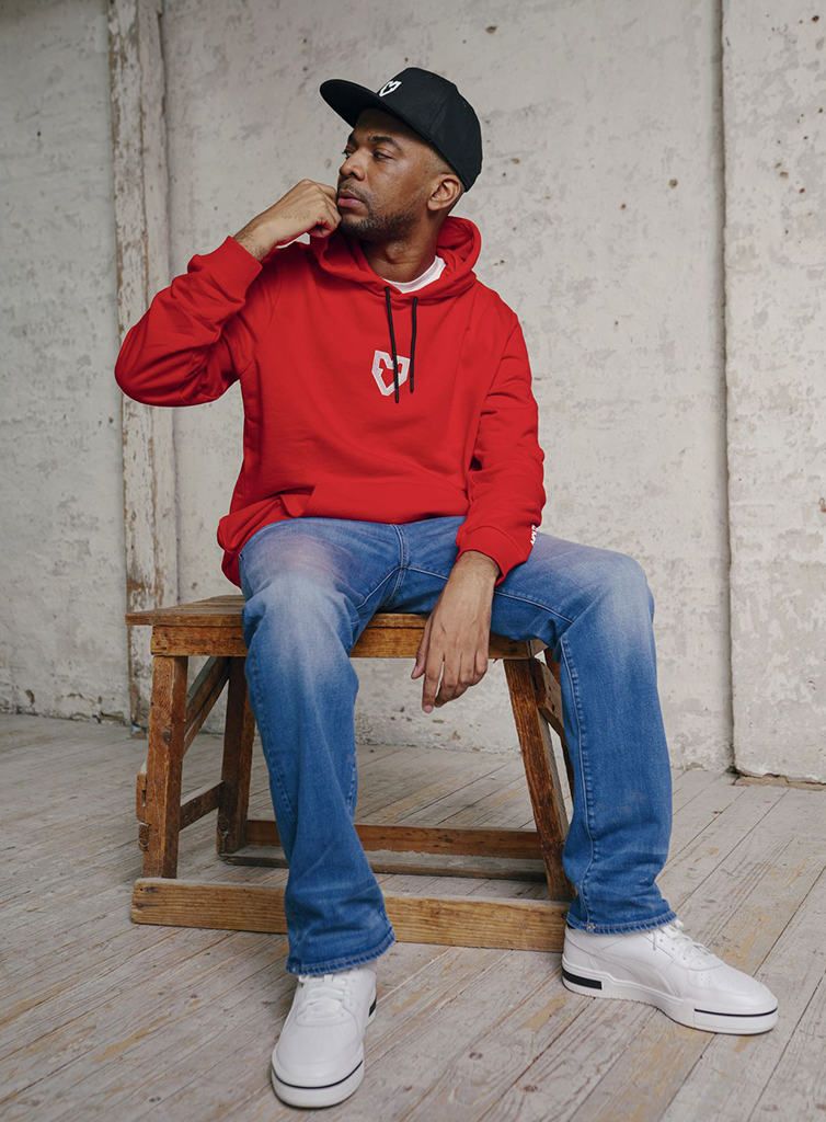 Man in top red hoodie